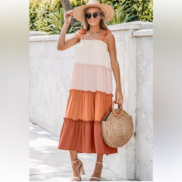 Large Dress Fall Midi Boho Bohemian Prairie Dress Resortwear Large Terra Cotta - Picture 1 of 14